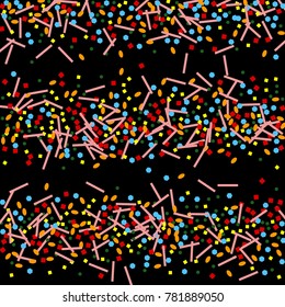 Colorful confetti on a black background. Beautiful Funny background. Colorful Confetti. A frame of confetti. A scattering of confetti. Placer from the circles. Dots. Vector illustration.