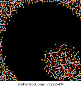 Colorful confetti on a black background. Beautiful Funny background. Colorful Confetti. A frame of confetti. A scattering of confetti. Placer from the circles. Dots. Vector illustration.