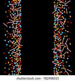 Colorful confetti on a black background. Beautiful Funny background. Colorful Confetti. A frame of confetti. A scattering of confetti. Placer from the circles. Dots. Vector illustration.