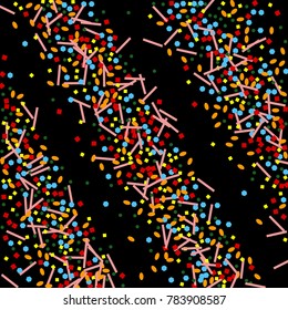 Colorful confetti on a black background. Beautiful Funny background. Colorful Confetti. A frame of confetti. A scattering of confetti. Placer from the circles. Dots. Vector illustration.