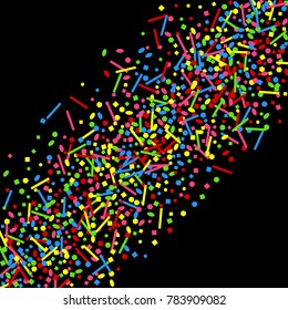 Colorful confetti on a black background. Beautiful bright and funny background. Colorful Confetti. A frame of confetti. A scattering of confetti. Placer from the circles. Dots. Vector illustration.