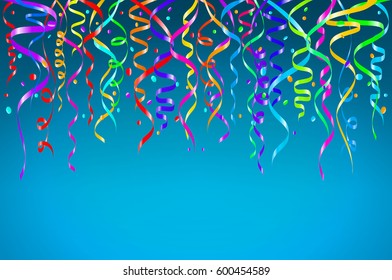 Colorful confetti on blue background. Celebration template ribbons. Vector illustration art