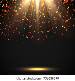 Colorful confetti on a dark background illuminated by spotlights. Vector template for your holiday, party, festival, birthday.