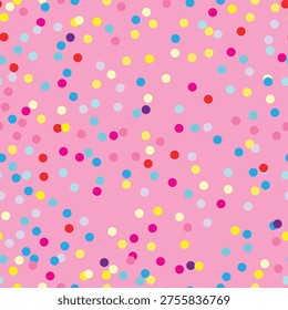 Colorful confetti on pink background seamless vector pattern. Donut icing with round sprinkle balls creates a playful sweet texture. Bright candy style endless backdrop for fabric, packaging, wallpaper and festive design