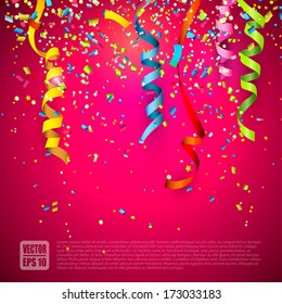 Colorful confetti on red background