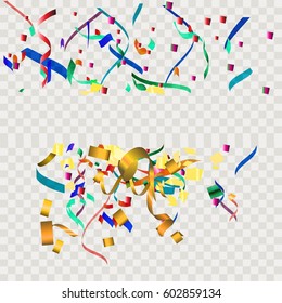 Colorful confetti on Transparent square background. Many falling tiny confetti pieces use for Happy Birthday,Christmas,Anniversary,Celebrate banner and Party flags with copy space your text design.