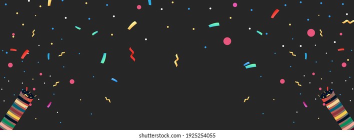 Colorful confetti party popper explosion and falling down. web banner