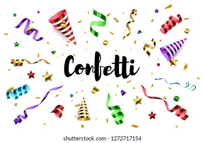 Colorful confetti with party poppers isolated on white background. Confetti burst. Festive vector illustration