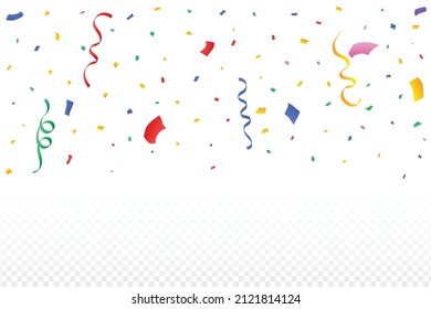 Colorful confetti and party ribbon falling illustration on transparent background. Multicolor confetti vector for the carnival. Festival elements. Colorful confetti and ribbon explosion illustration.