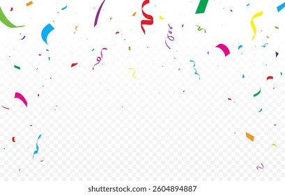 Colorful confetti and party streamers falling on a white background, creating a fun and festive celebration design