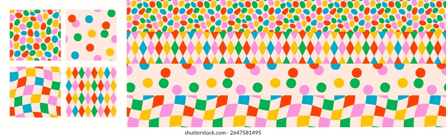 Fondos coloridos del modelo del confeti con los Elementos abstractos del punto, del diamante, del cuadrado, y del checker ondulado. Patrón retro y diseño de Vector sin costuras para el Fondo de pantalla, envoltura y tela. Arrastrar a muestras