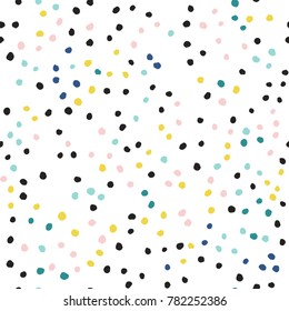 Colorful confetti pattern. Hand drawn brush strokes, dots seamless background.. Doodle hipster print. 