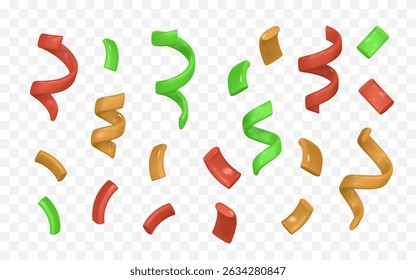 Colorful Confetti Pieces Isolated on Transparent Background. Festive Streamers in Red, Green, and Gold for Celebration and Holiday Designs. Vector Illustration.