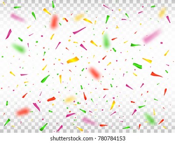 Colorful confetti pieces on transparent background. Holiday backdrop. Defocused color confetti celebration. Vector illustration.