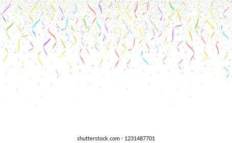 Colorful confetti pieces on white background. Holiday party decoration backdrop, Vector illustration