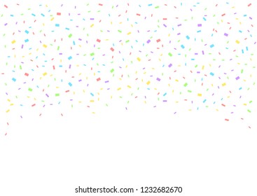 Colorful confetti pieces on white background. Holiday party decoration backdrop, Vector illustration