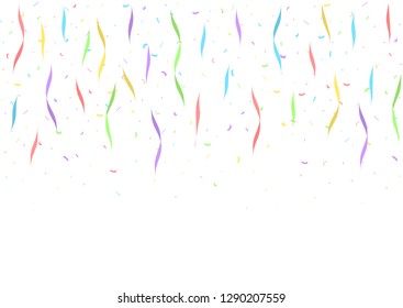 Colorful confetti pieces on white background. Holiday party decoration backdrop, Vector illustration