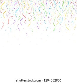 Colorful confetti pieces on white background. Holiday party decoration backdrop, Vector illustration