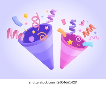 Colorful Confetti Poppers with Ribbons and Sparkles.Festive Firework Explosion for Party and Celebration.Vector 3d design concept. Three dimensional vector illustration for web, print, banner, landing