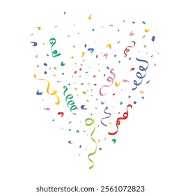 Colorful confetti and ribbon explosion on a white background. Tinsel and ribbon for birthday party or event celebration invitation or decoration. Multicolor confetti and ribbons vector for festival.