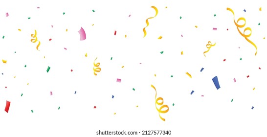 Colorful confetti and ribbon falling. Multicolor confetti and party ribbon falling on a white background. Tinsel and ribbon for carnival and party celebration vector.