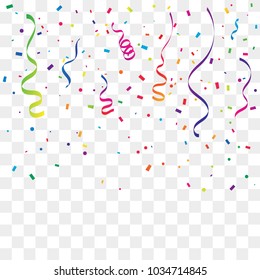 Colorful Confetti And Ribbon Falling On Transparent Background. Vector Illustration