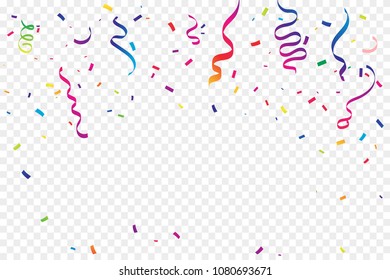 Colorful Confetti And Ribbon Falling On Transparent Background. Celebration Event & Happy Birthday. Vector illustration