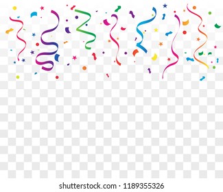 Colorful Confetti And Ribbon Falling On Transparent Background. Celebration & Party. Vector Illustration