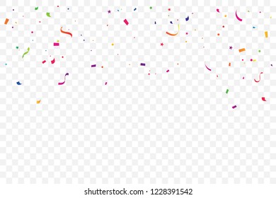 Colorful Confetti And Ribbon Falling On Transparent Background. Celebration & Party. Vector Illustration