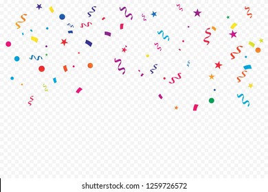 Colorful Confetti And Ribbon Falling On Transparent Background. Celebration & Party. Vector Illustration
