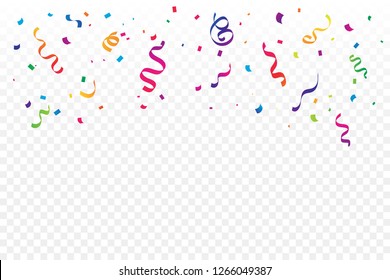 Colorful Confetti And Ribbon Falling On Transparent Background. Celebration & Party. Vector Illustration