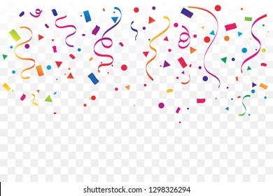 Colorful Confetti And Ribbon Falling On Transparent Background. Celebration & Party. Vector Illustration