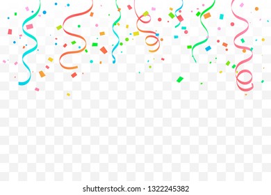Colorful Confetti And Ribbon Falling On Transparent Background. Celebration & Party. Vector Illustration