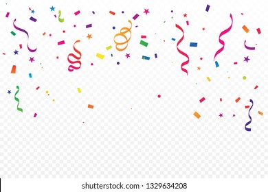 Colorful Confetti And Ribbon Falling On Transparent Background. Celebration & Party. Vector Illustration