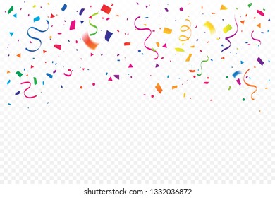 Colorful Confetti And Ribbon Falling On Transparent Background. Celebration & Party. Vector Illustration