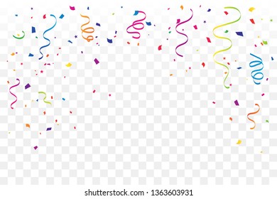 Colorful Confetti And Ribbon Falling On Transparent Background. Celebration & Party.  Congratulations. Decoration. Surprise. Vector Illustration