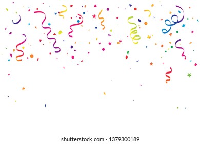 Colorful Confetti And Ribbon Falling On White Background. Celebration & Party. Congratulations. Vector Illustration