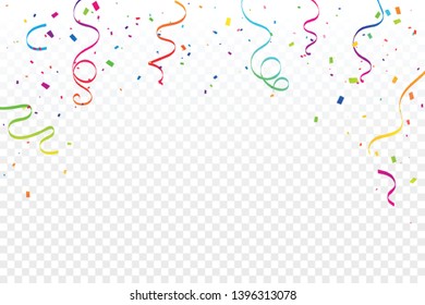 Colorful Confetti And Ribbon Falling On Transparent Background. Celebration & Party. Vector Illustration