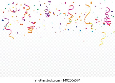 Colorful Confetti And Ribbon Falling On White Background. Celebration & Party. Vector Illustration