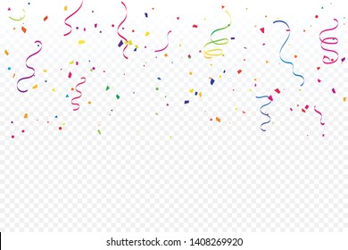 Colorful Confetti And Ribbon Falling On Transparent Background. Celebration & Party. Vector Illustration