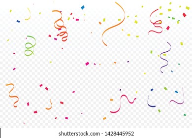 Colorful Confetti And Ribbon Falling On Transparent Background. Celebration & Party. Vector Illustration