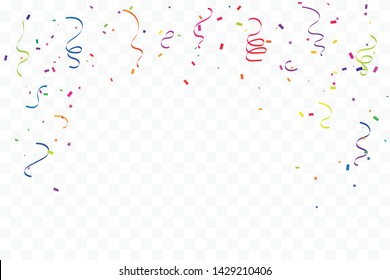 Colorful Confetti And Ribbon Falling On Transparent Background. Celebration & Party. Vector Illustration