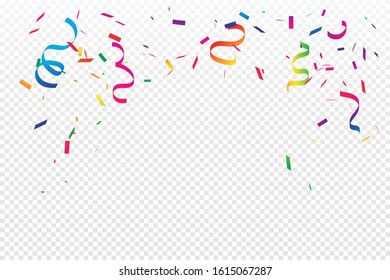 Colorful Confetti And Ribbon Falling On Transparent Background. Celebration & Party. Vector Illustration