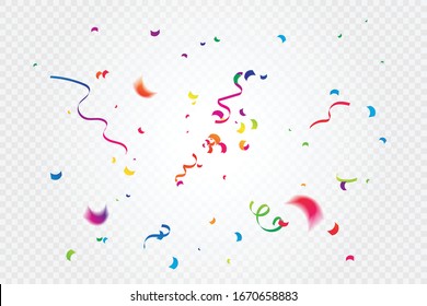 Colorful Confetti And Ribbon Falling On Transparent Background. Celebration & Party. Vector Illustration