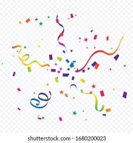 Colorful Confetti And Ribbon Falling On Transparent Background. Vector Illustration