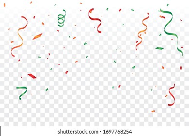 Colorful Confetti And Ribbon Falling On Transparent Background. Celebration & Party. Vector Illustration