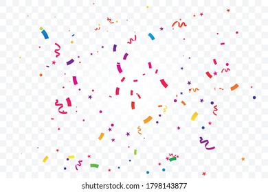 Colorful Confetti And Ribbon Falling On Transparent Background. Celebration & Party. Vector Illustration