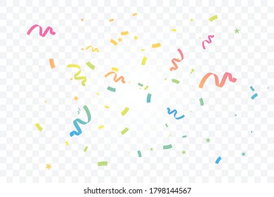 Colorful Confetti And Ribbon Falling On Transparent Background. Celebration & Party. Vector Illustration