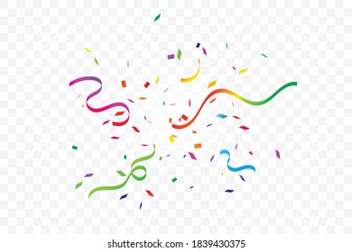 Colorful Confetti And Ribbon Falling On Transparent Background. Vector Illustration