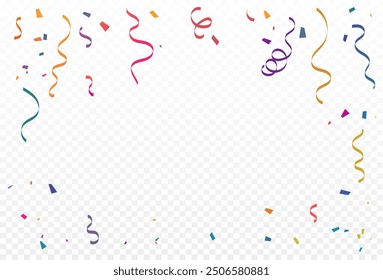 Colorful Confetti And Ribbon Falling On Transparent Background. Celebration Banner. Party Backdrop. Happy Birthday. Vector Illustration